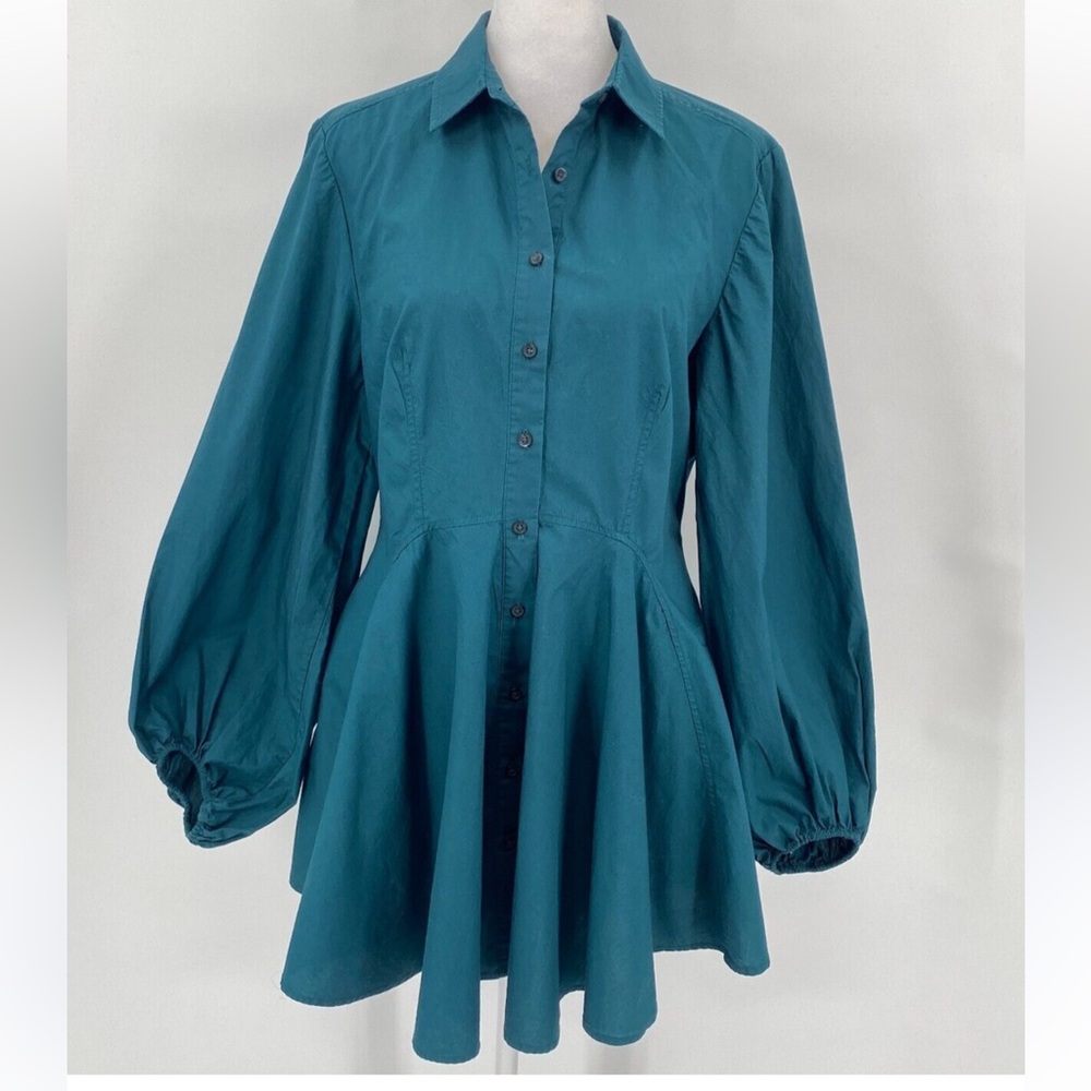Free People Green Mini Dress with Puff Sleeves and Notched Collar
